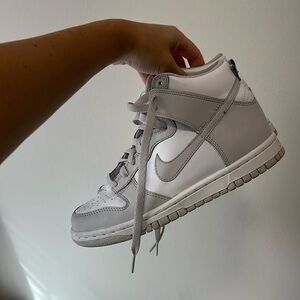 NIKE high top dunks gray and white (size women’s 5.5, kids 4.5)